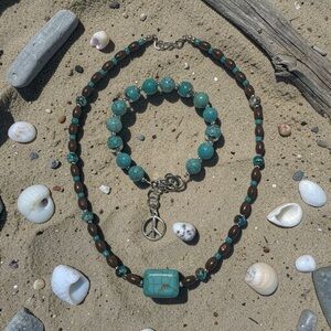 Turquoise and Brown Beaded Necklace with Matching Bracelet and Peace Charm